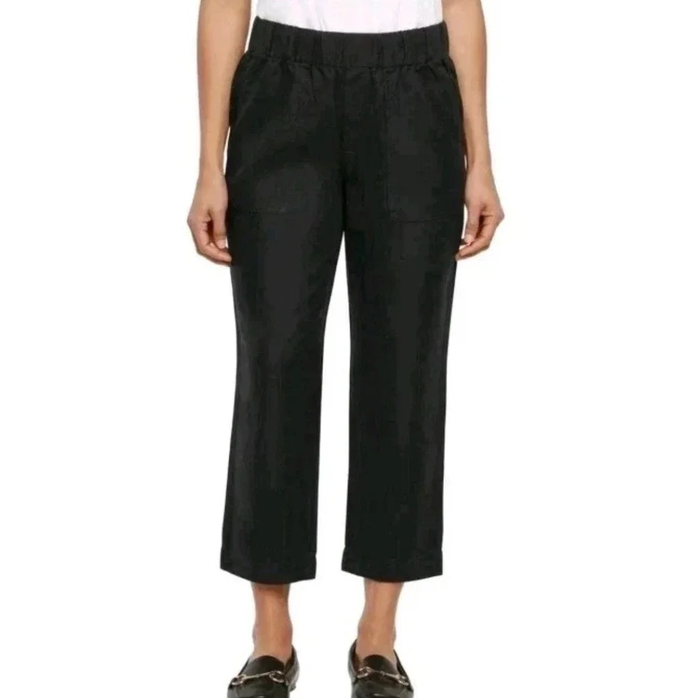 Banana Republic Womens Tapered Crop Pants Black Linen Blend Elastic Waist •S•